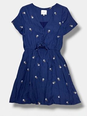 Boho Embroidered Cutout Tie Front Mini Dress Blue Cottagecore Size S